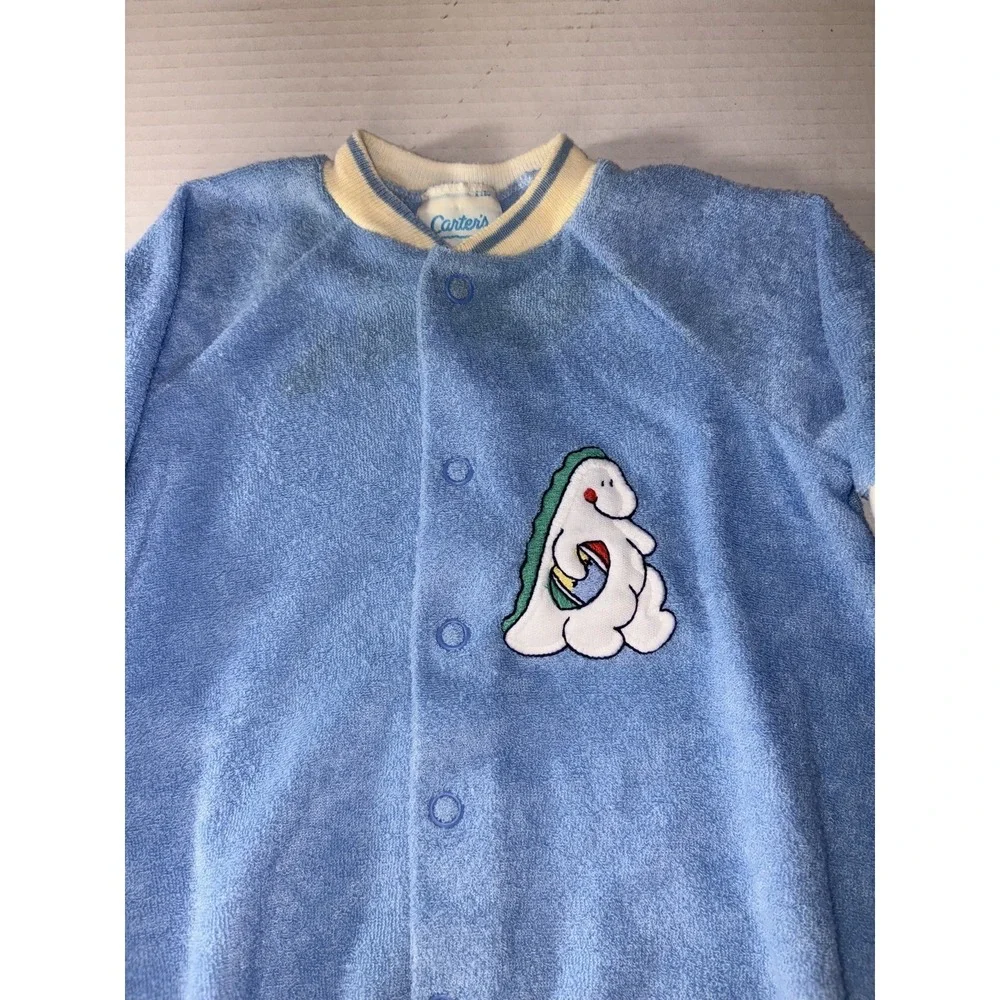 Vintage Carter's Baby Sleeper Terry Cloth Blue Dinosaur Applique Romper 1 Piece